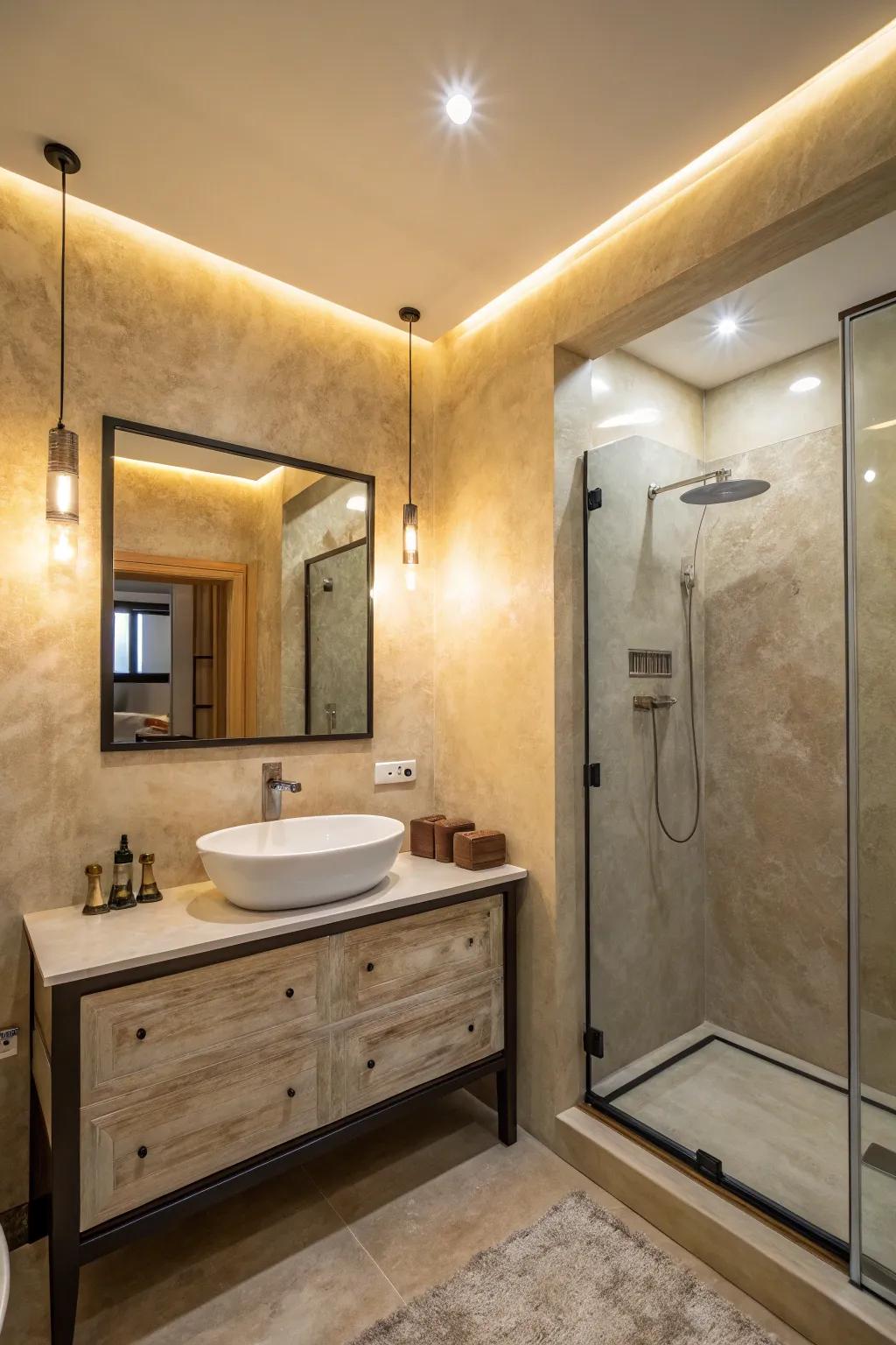 Textured wall finishes add depth to bathroom design.