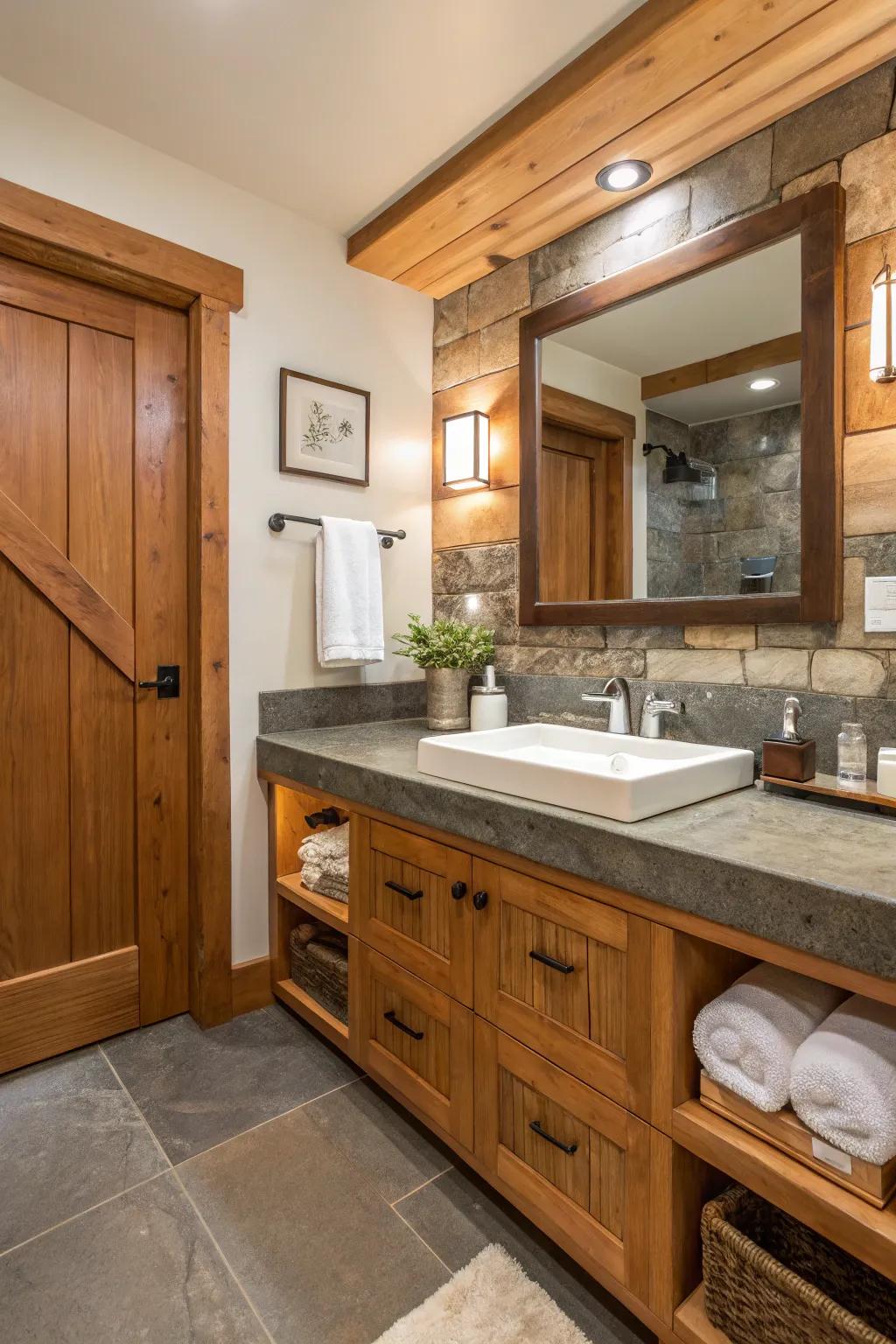 Natural elements add warmth to moody bathroom designs.