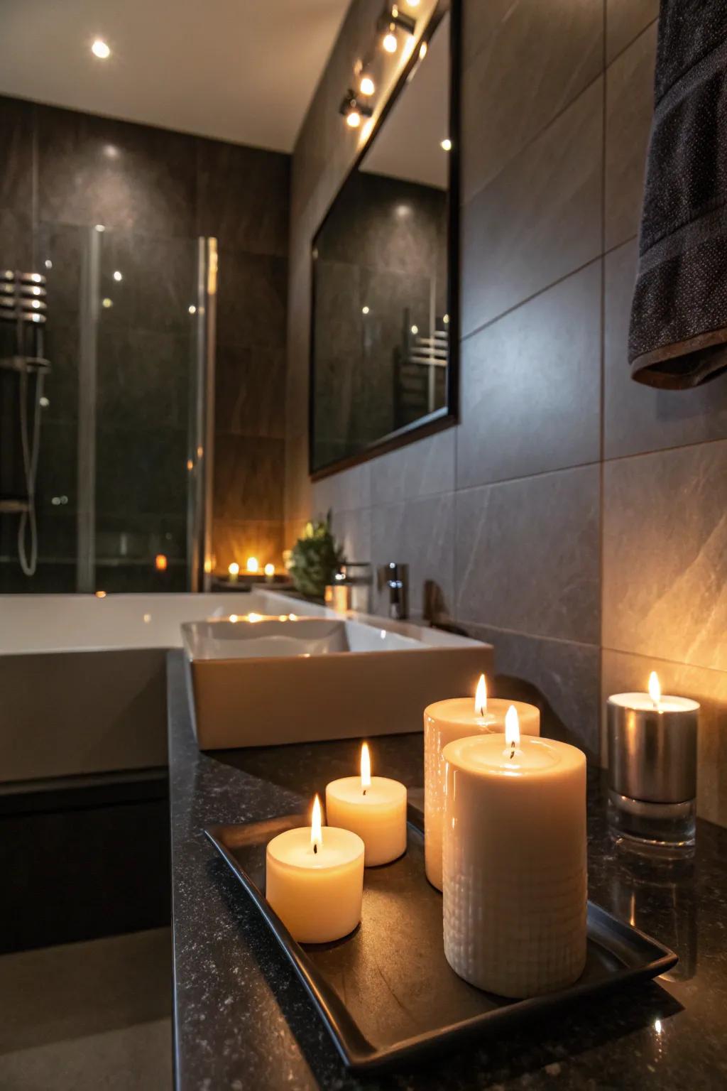 Subtle scents complete the moody bathroom atmosphere.