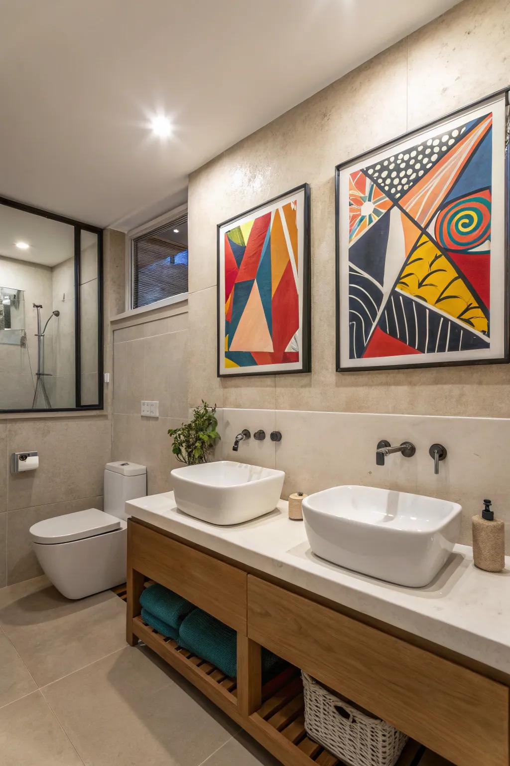 Artistic elements add personality to moody bathrooms.