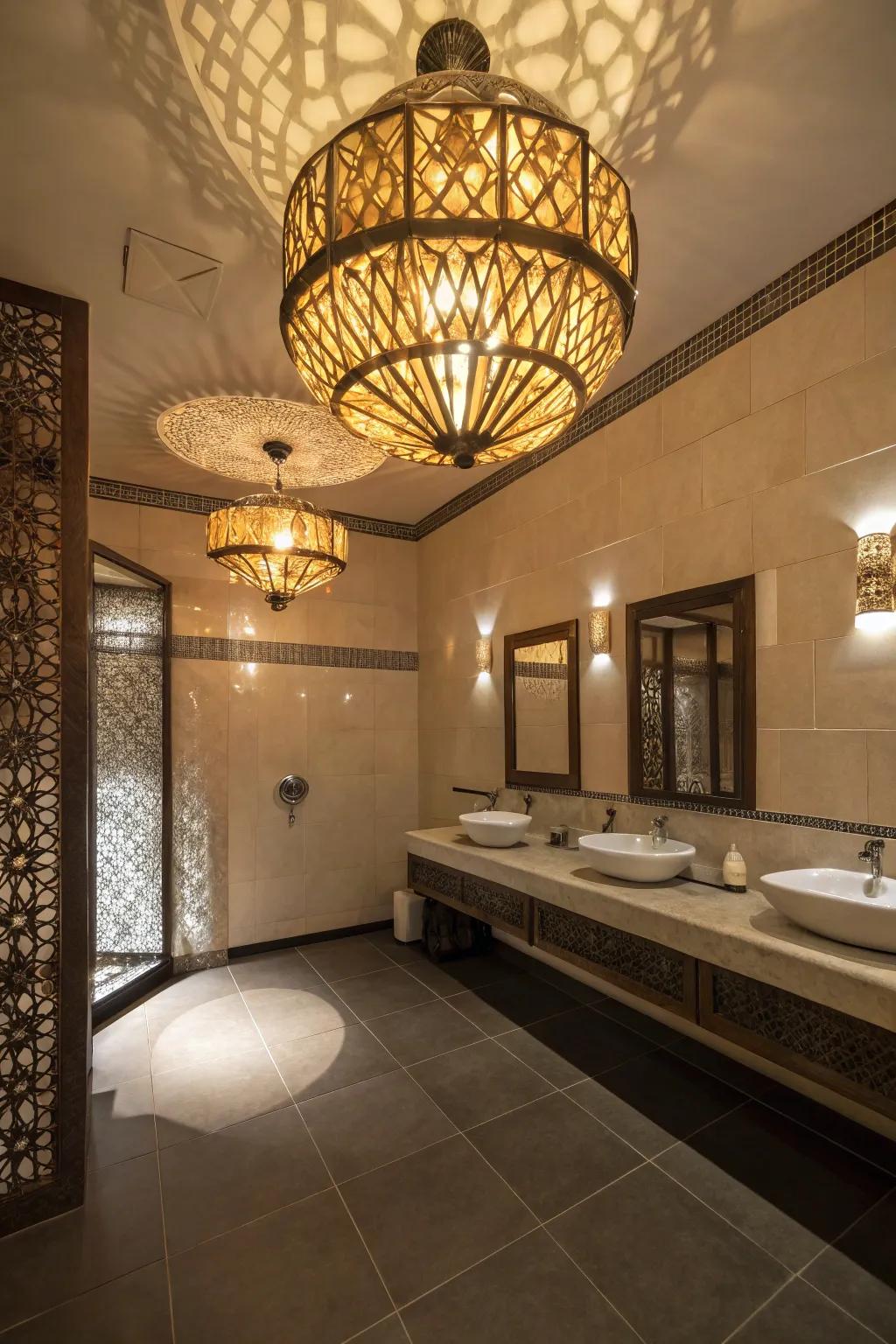 Artistic lighting fixtures enhance bathroom mood.