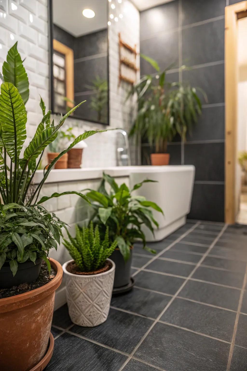 Plants add freshness and color to moody bathrooms.