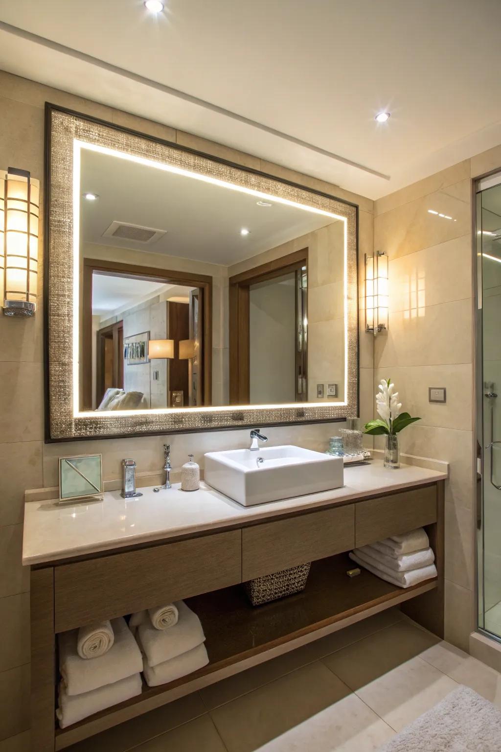 Large mirrors enhance bathroom brightness and openness.