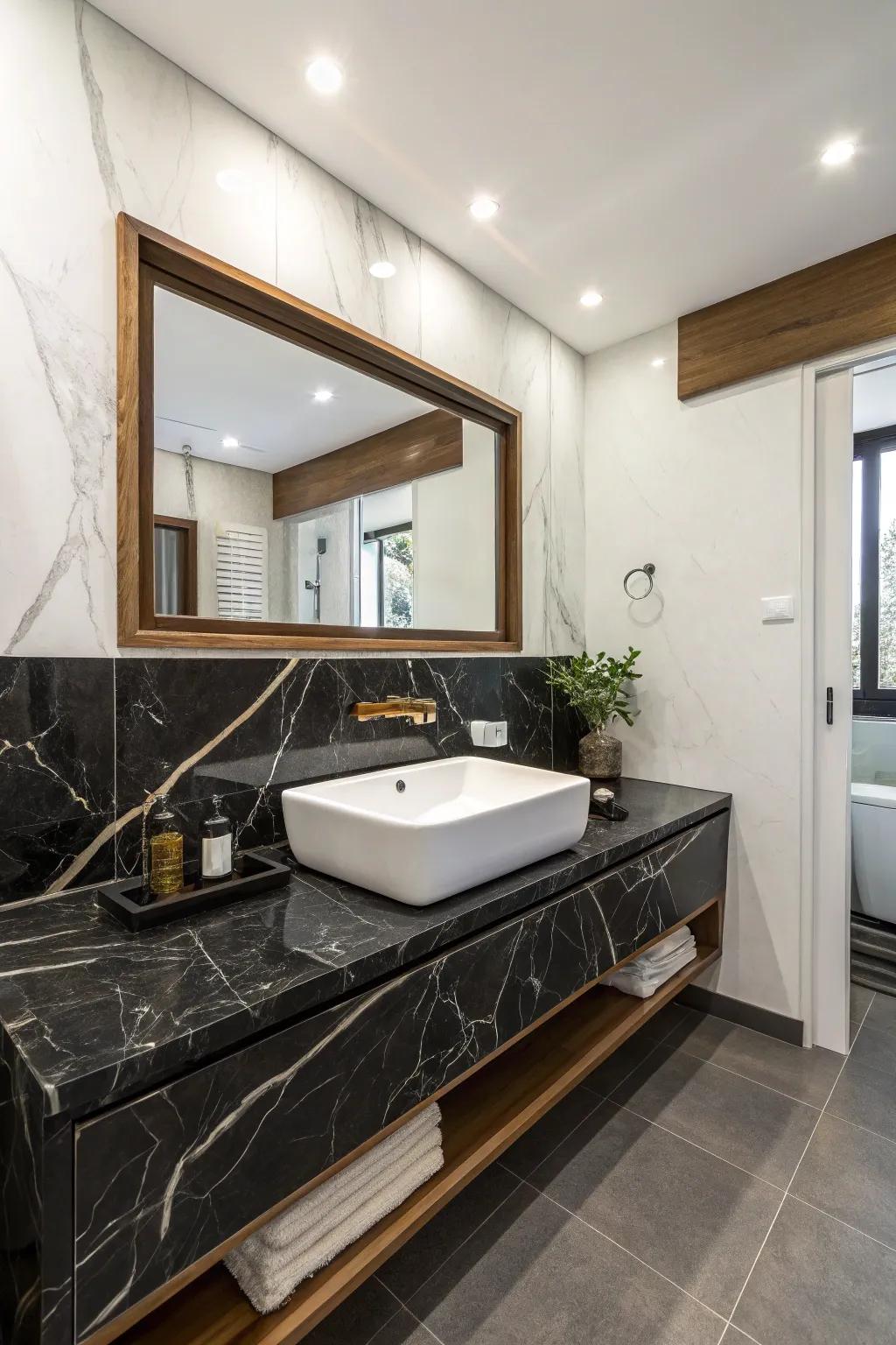 Dark marble adds elegance and depth.