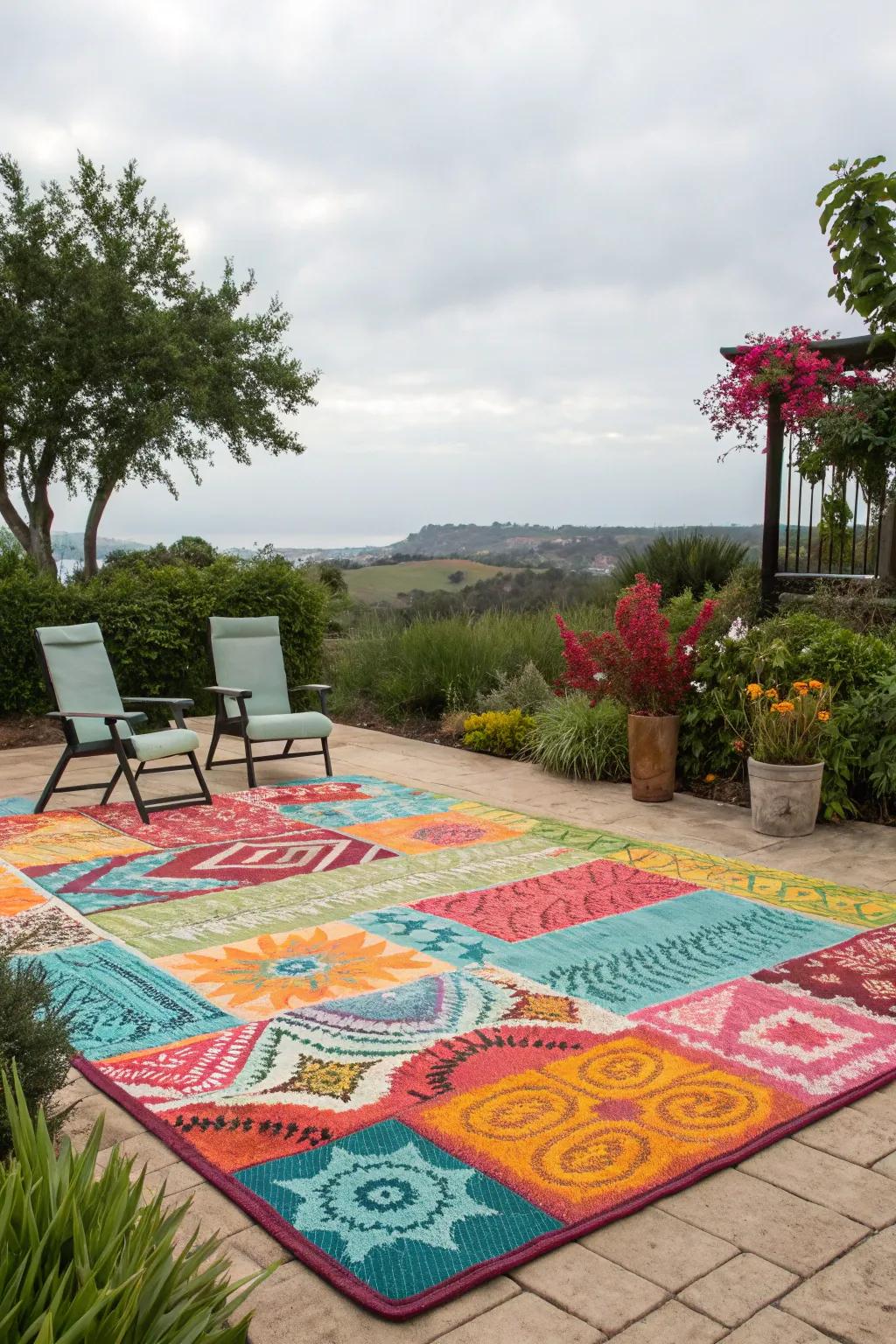 Vibrant outdoor rug energizes a minimalist patio seating area.
