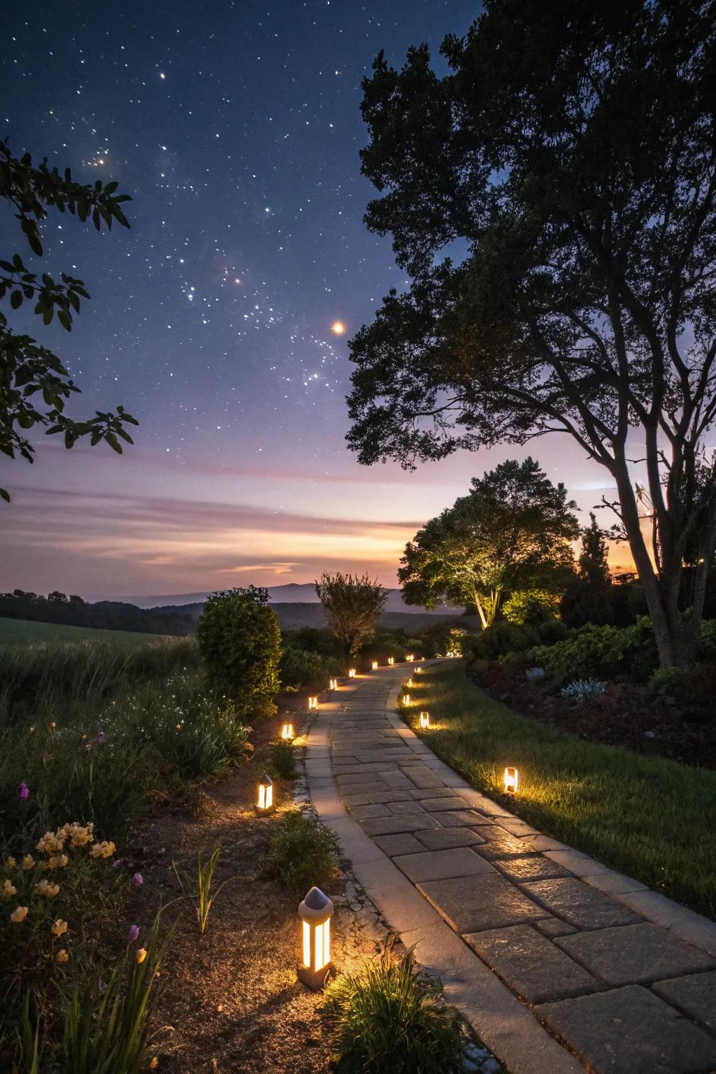 Solar-powered lights casting a cozy glow along a garden walkway.