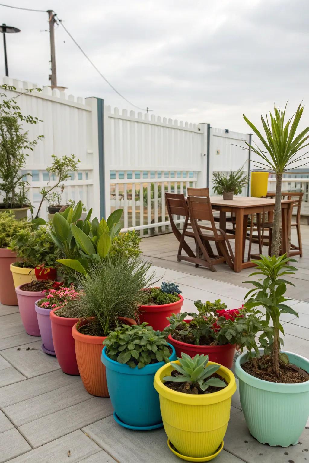 Varied potted plants add lushness to a patio space.