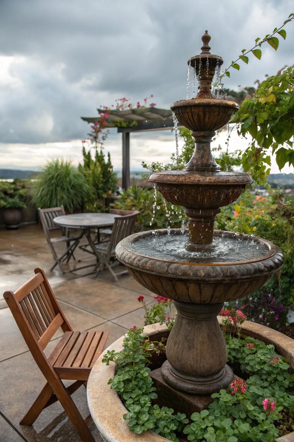 A tabletop water fountain adds serenity to an outdoor space.