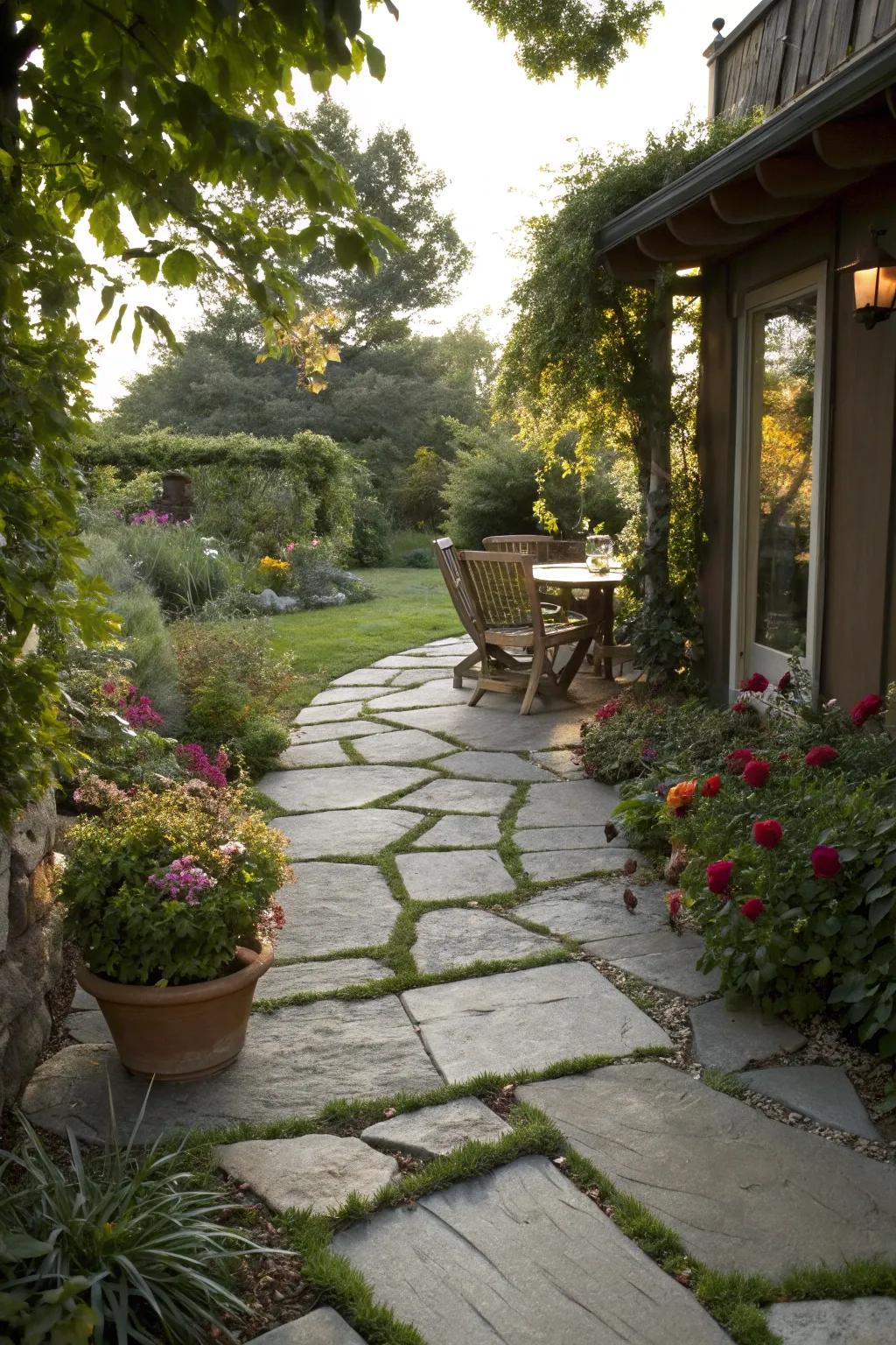 A stone pathway creates an inviting entrance to a patio.