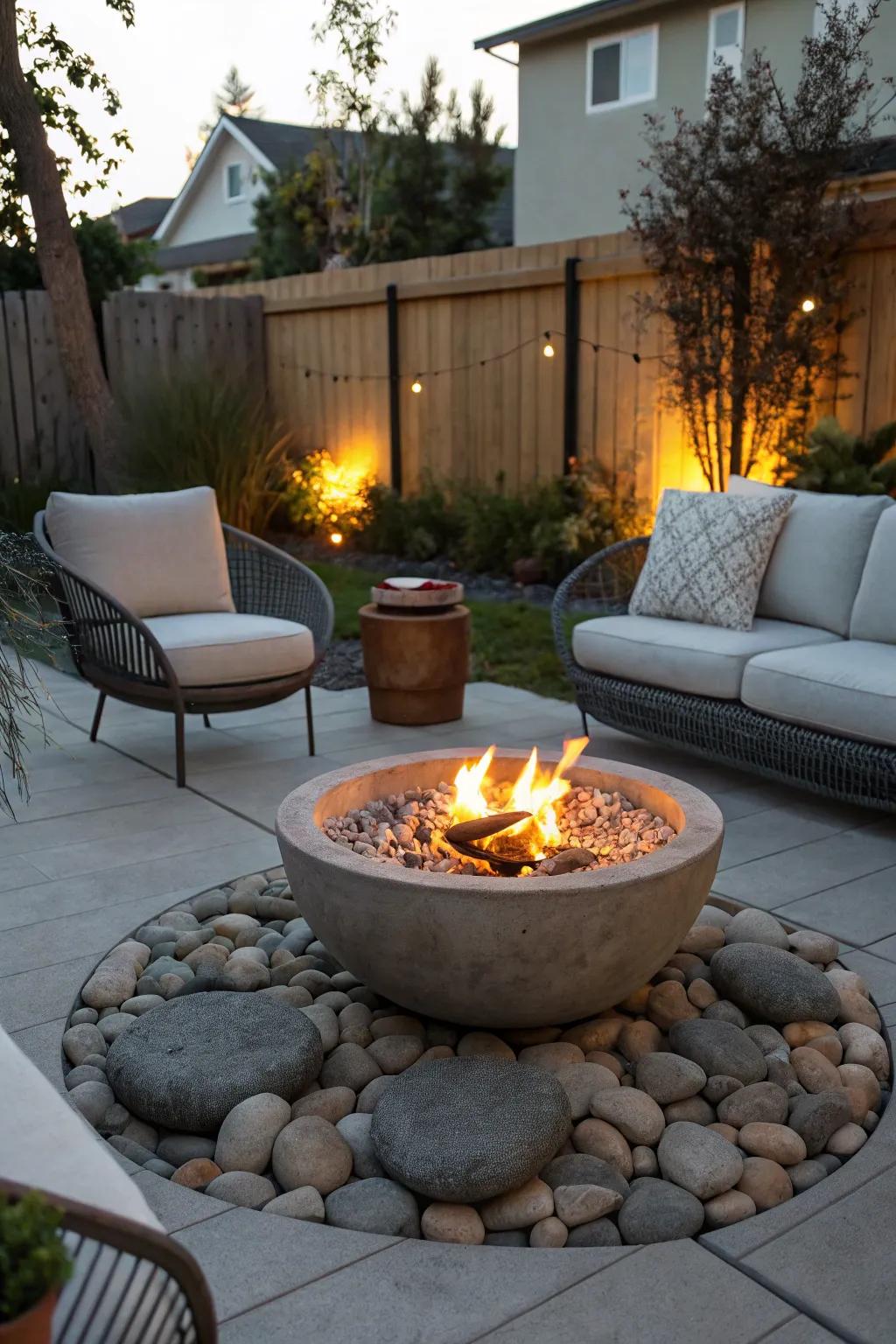 A fire bowl adds cozy warmth and style to an outdoor seating area.