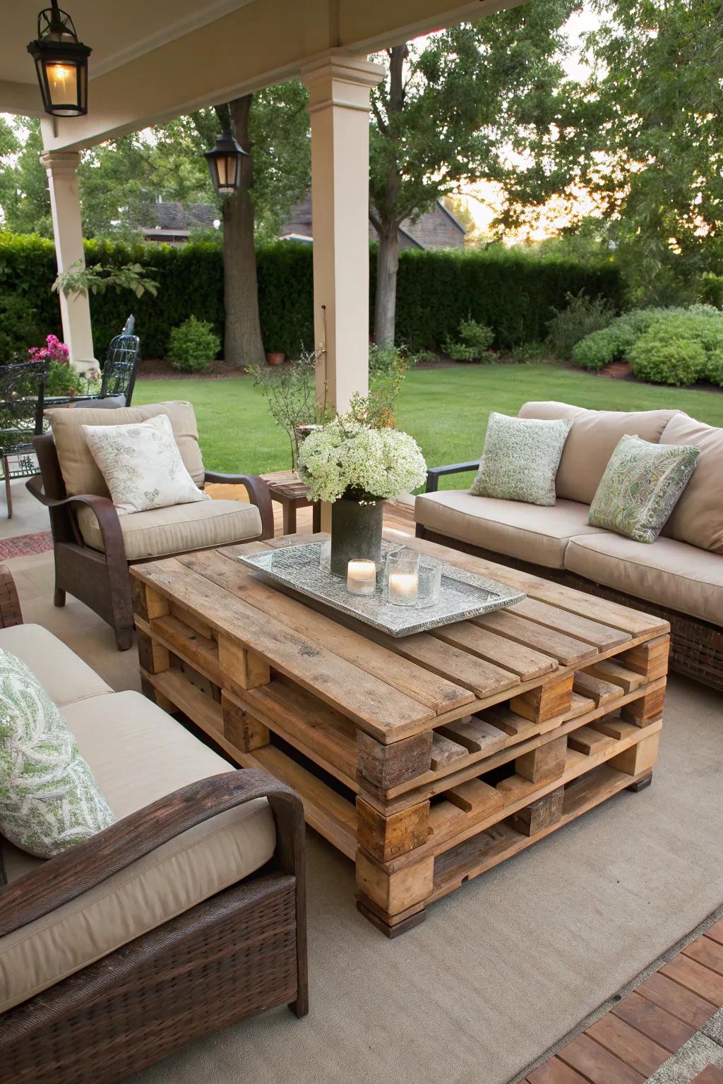 Custom pallet coffee table surrounded by cozy patio seating.