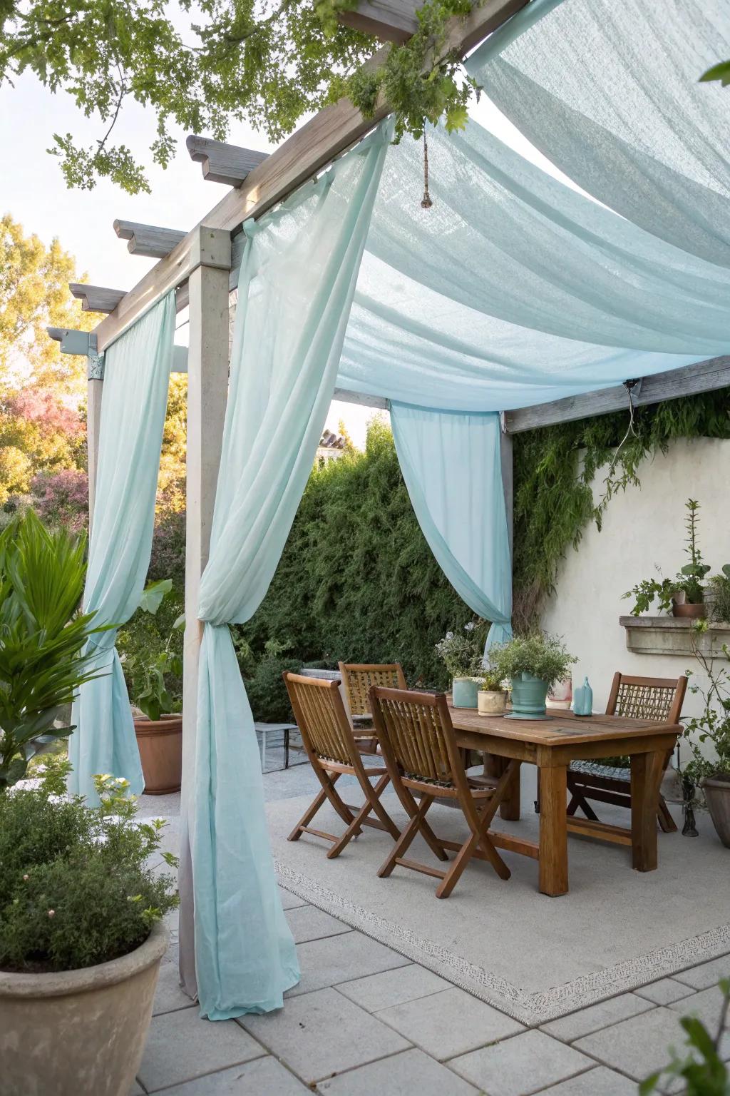 Handmade fabric canopy providing shade on a patio.