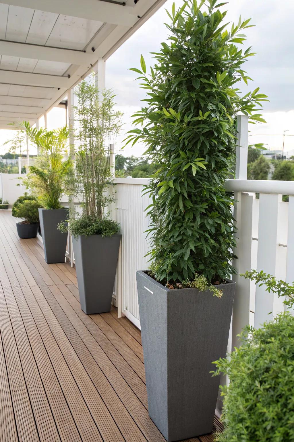 Tall planters used as natural dividers on a patio.