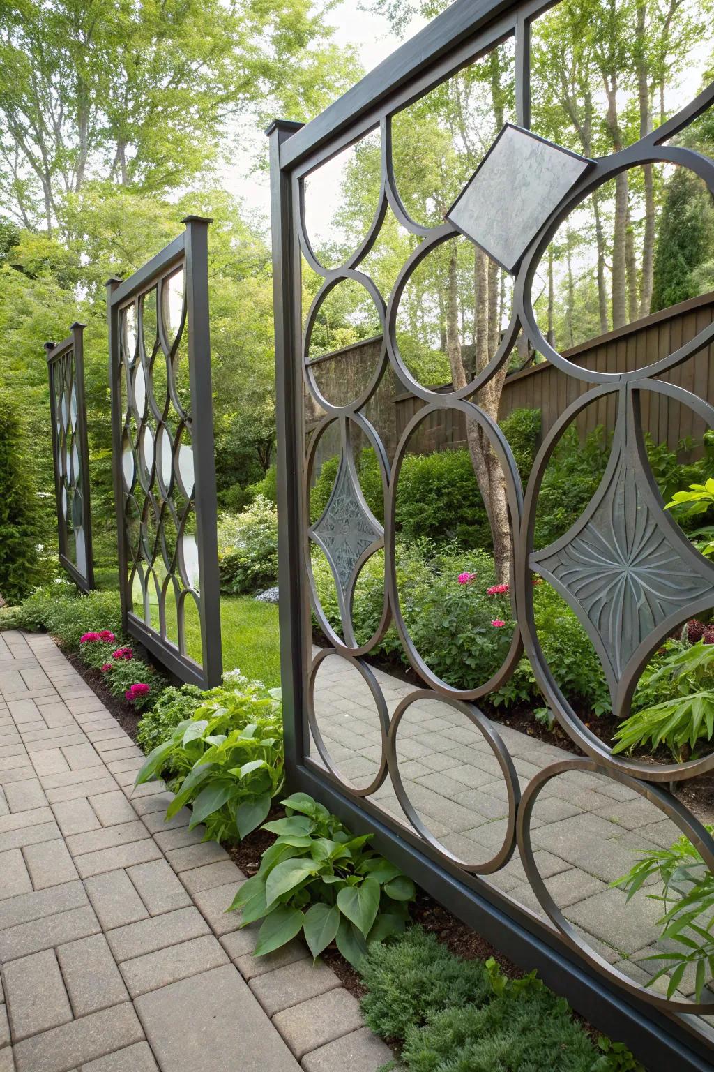 Mirrors mounted on a patio fence create an illusion of spaciousness.