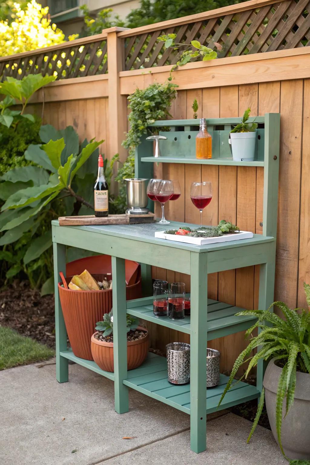 A repurposed potting bench converted into a stylish outdoor bar.