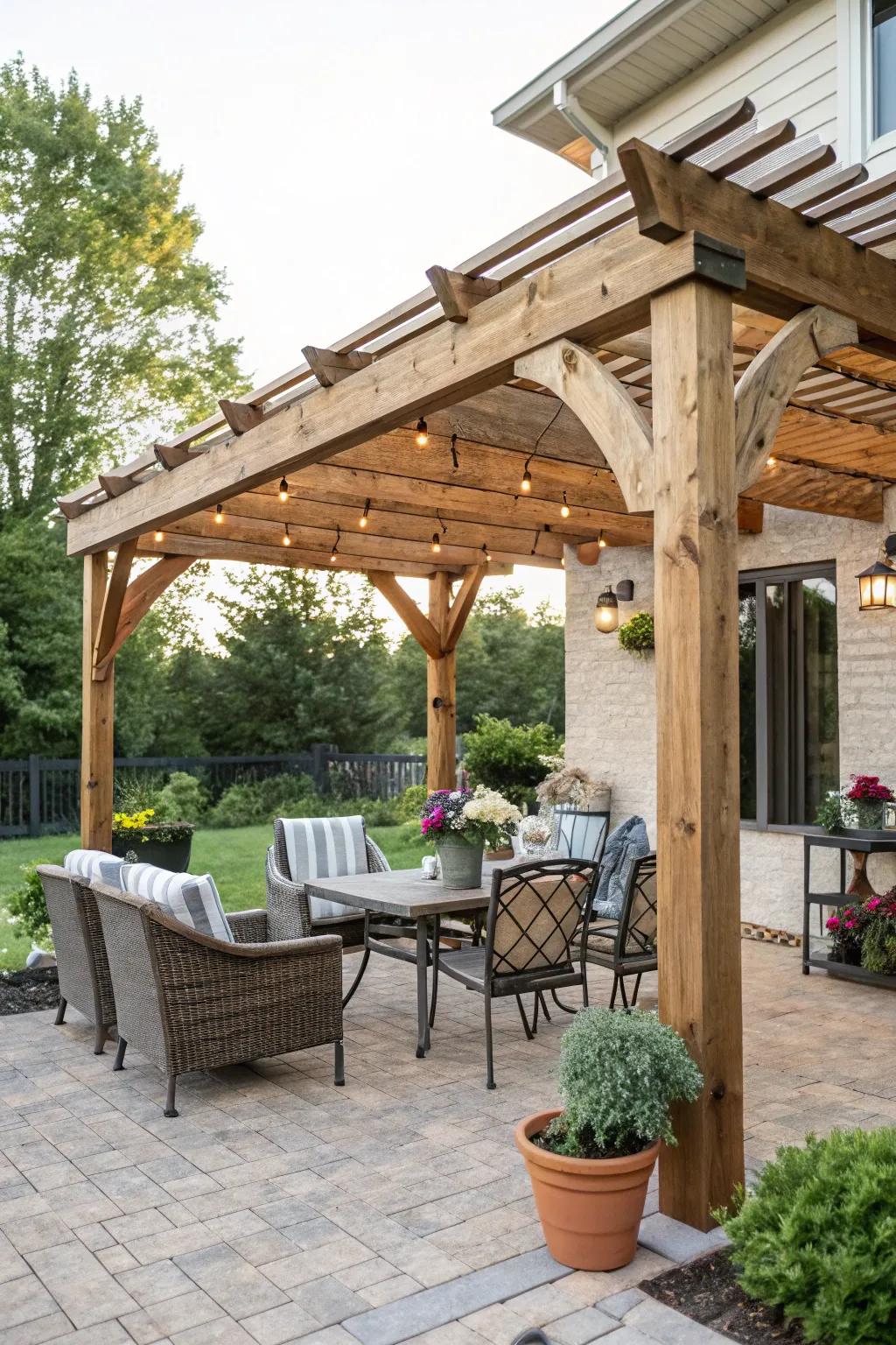 A handcrafted wooden pergola provides shade over a patio seating area.