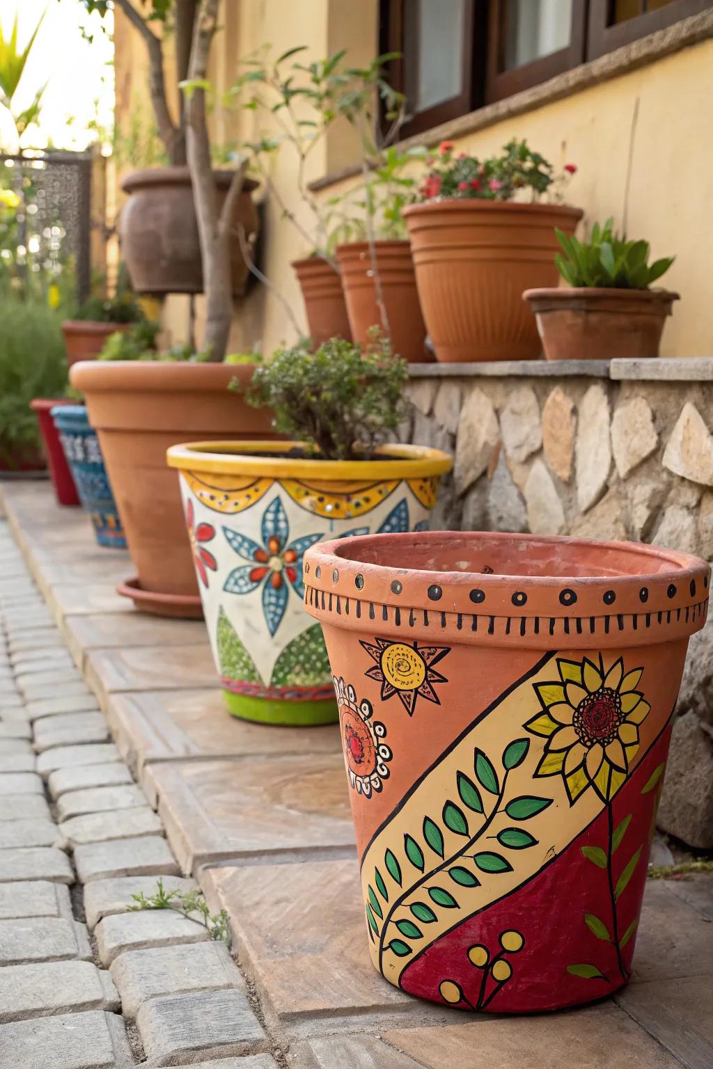 Colorfully painted clay pots add charm to a patio.