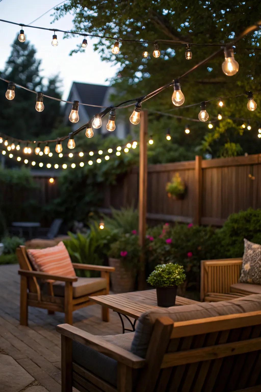 Patio illuminated by hanging string lights over a cozy seating area.