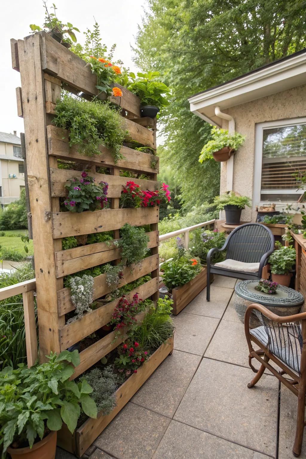 Vertical garden made from pallets adds greenery to a compact patio.