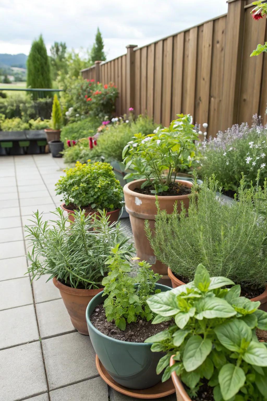 A flourishing herb garden adds fragrance and utility to a patio.