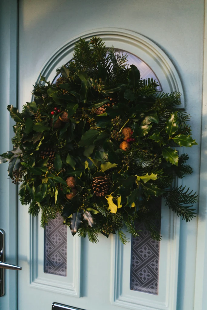 Oversized natural wreath with pinecones and nuts
