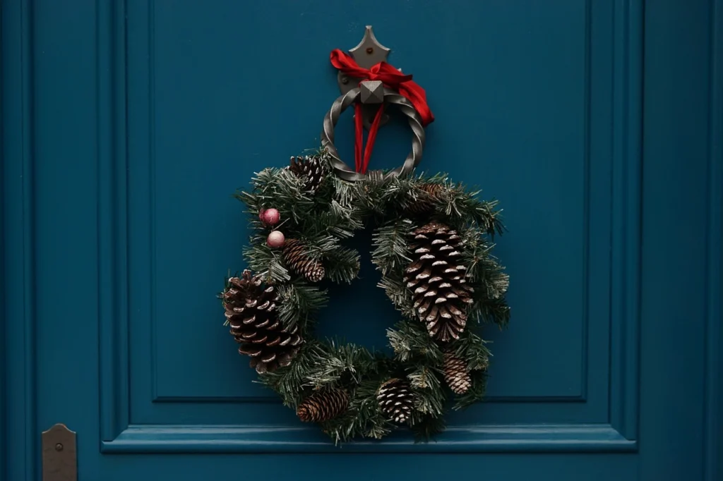 Moody Teal Door with Rustic Wreath