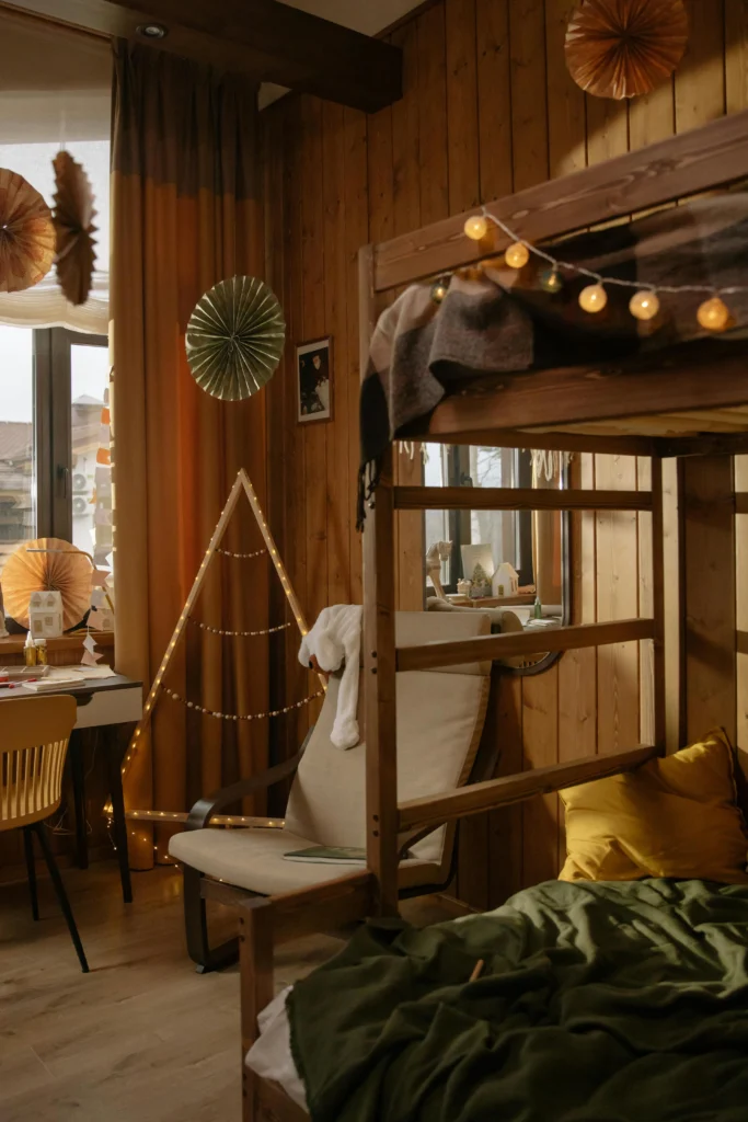 Rustic Bunk Bed Room with Fairy Lights