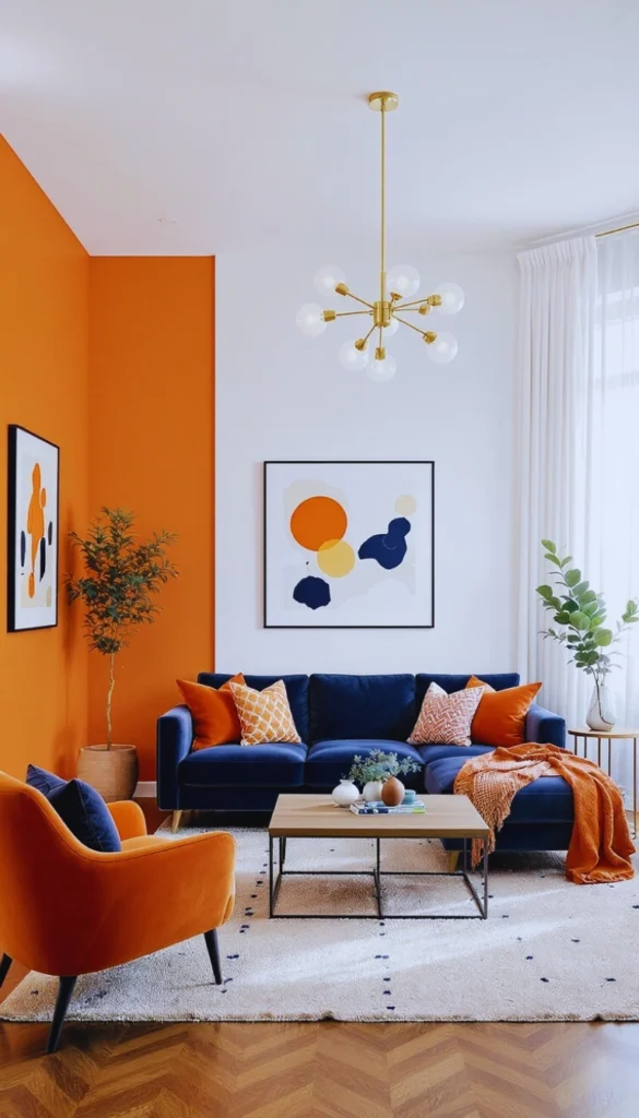 Orange accent wall with navy sofa