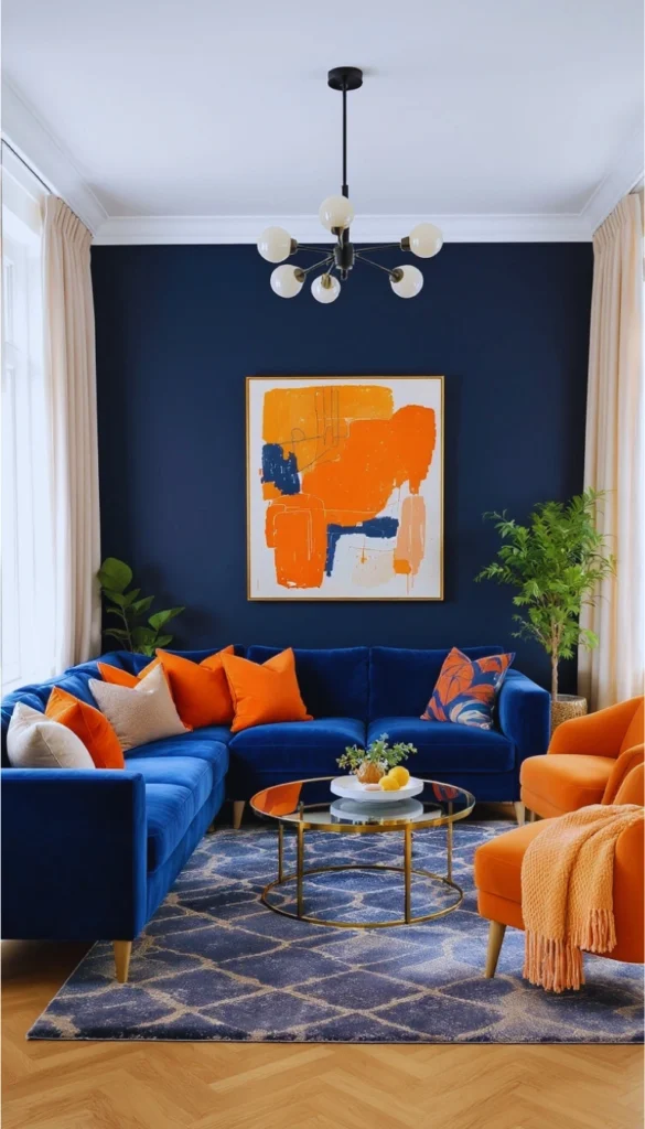 Midnight blue walls with orange cushions