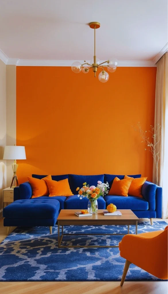Bright orange wall with dark blue sectional