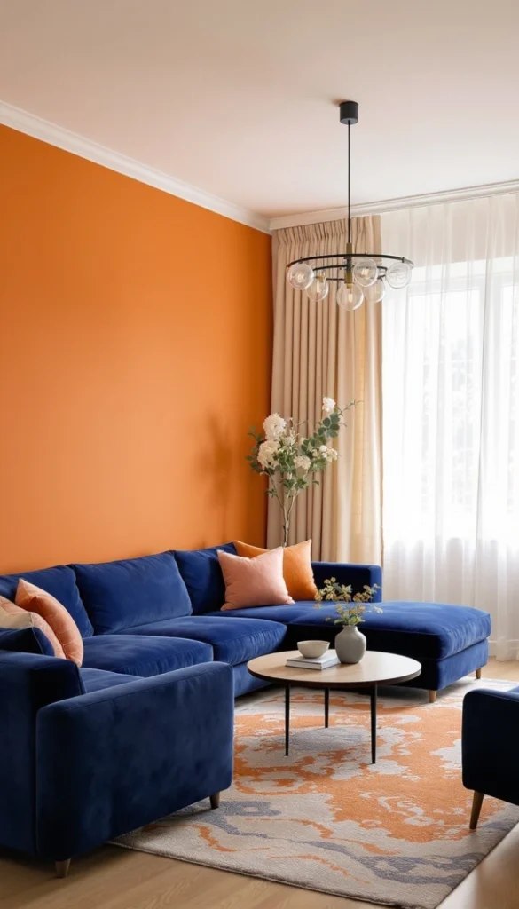 Terracotta orange walls with blue sectional