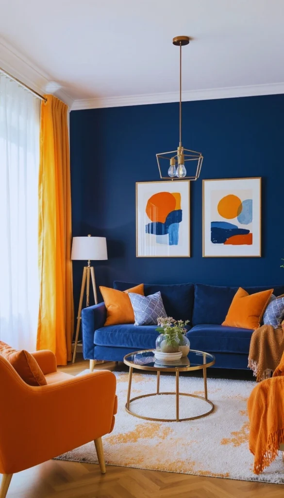 Navy walls with orange curtains and abstract art