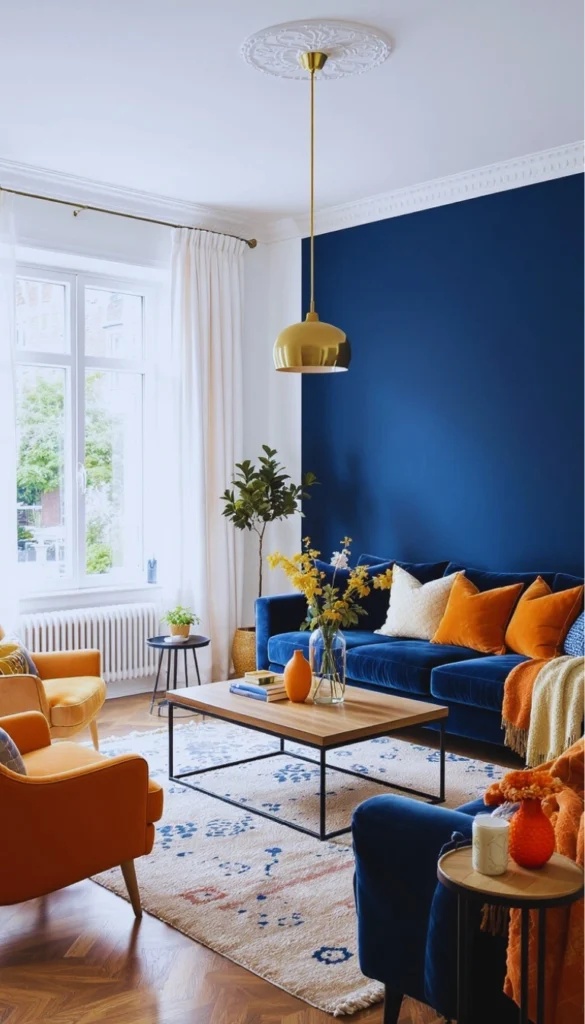 Royal blue sofa with white walls and wood coffee table