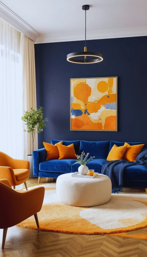 Navy wall with orange chairs and round rug