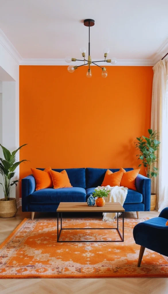 Orange accent wall with navy sofa and patterned rug