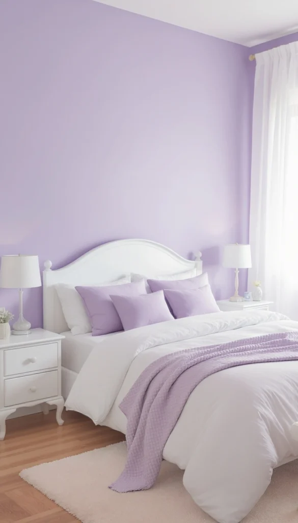 Pale lilac walls with white furniture and purple accents