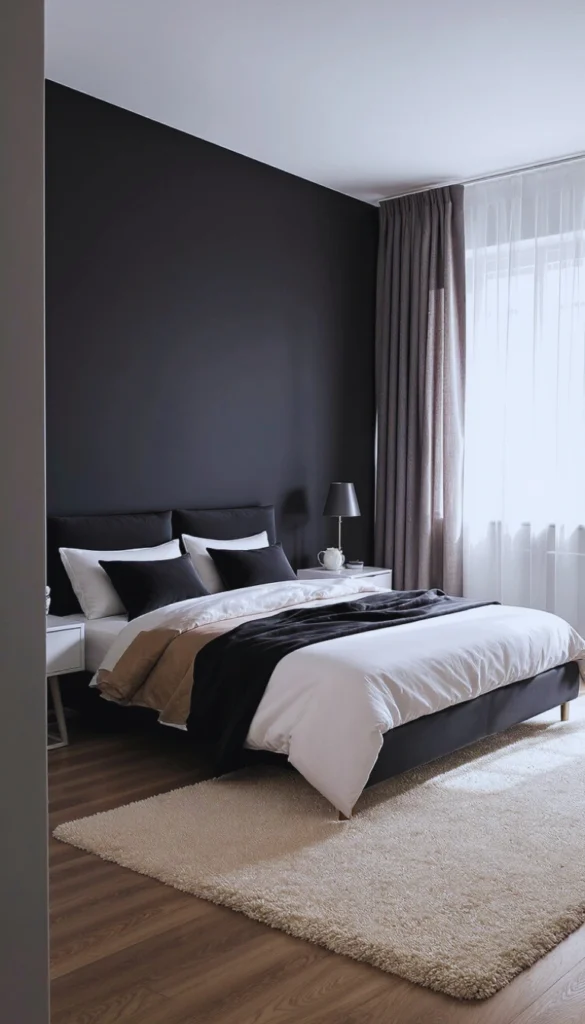 Matte black accent wall with white bedding and light wood floors