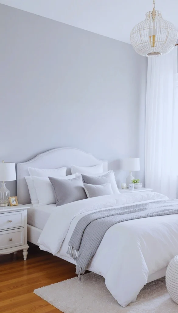 Light gray walls with white bedding and beaded chandelier