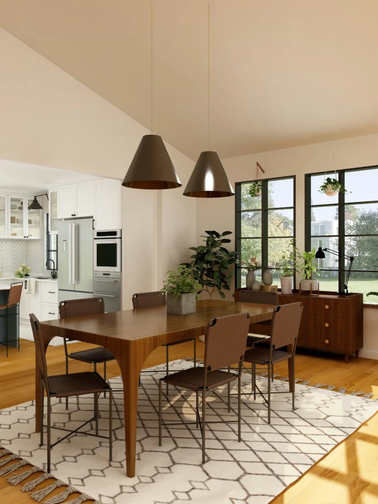 Modern kitchen with earthy tones and industrial lighting