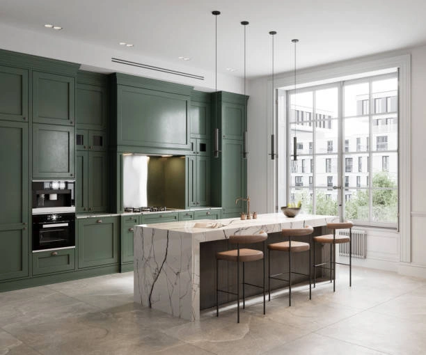Kitchen with emerald green cabinets and marble island