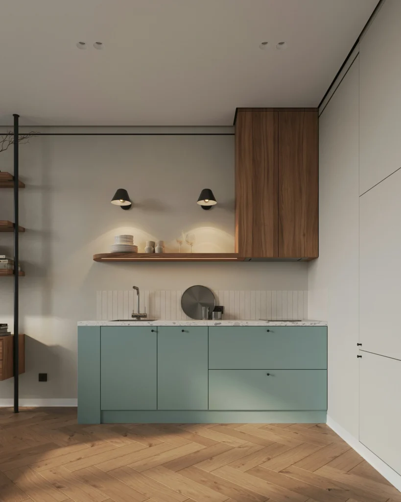 Minimalist kitchen with mint green cabinets and subway tile backsplash
