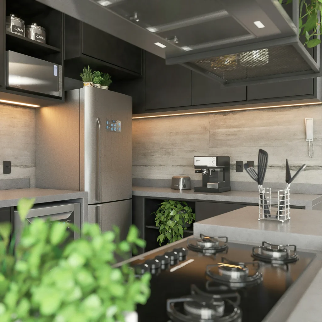 Monochromatic kitchen with concrete backsplash and dark cabinetry