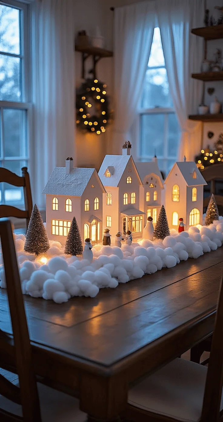 DIY Christmas Village Centerpiece Intimate dining room featuring a DIY Christmas village centerpiece on a dark walnut farmhouse table, with glowing white-painted cardboard houses, cotton batting snow drifts, and ceramic figurines, all set in a cozy atmosphere enhanced by evening twilight and warm lighting.
