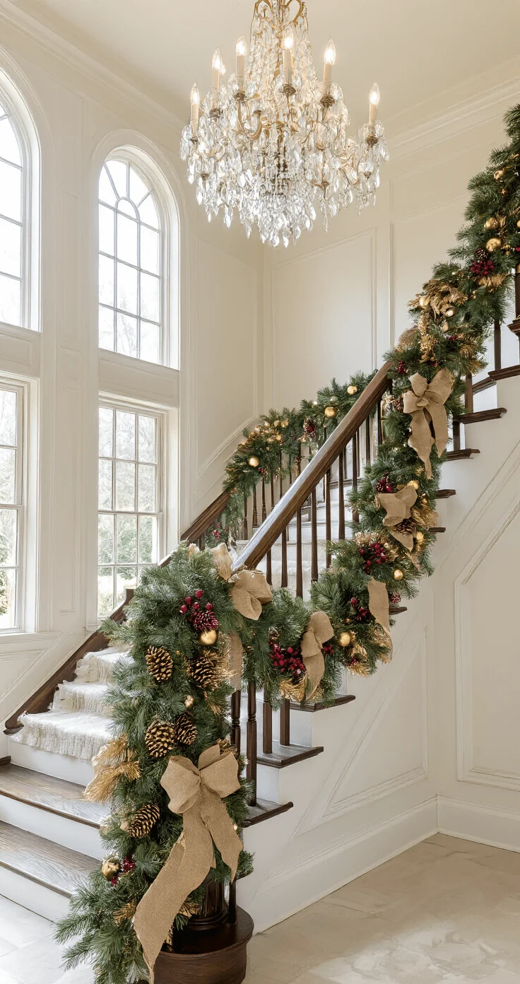Elegant DIY Christmas Garland A grand staircase in a colonial home adorned with lush artificial pine garland, featuring gold-spray-painted pinecones, burgundy berries, and burlap bows, under a crystal chandelier. Morning sunlight streams through a palladium window, accentuating the textures and warm color palette.