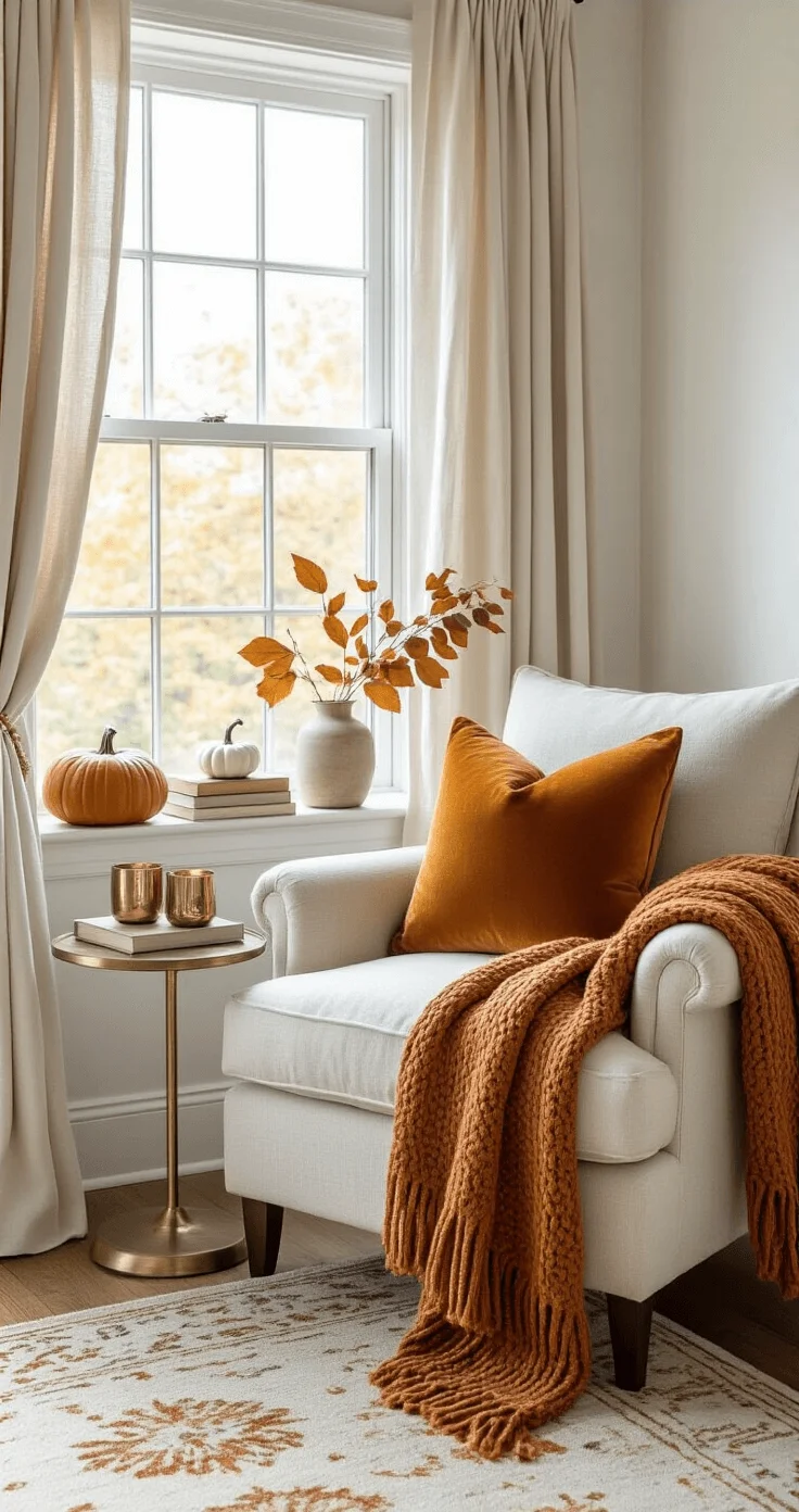 Cozy bedroom corner with fall accents and warm lighting