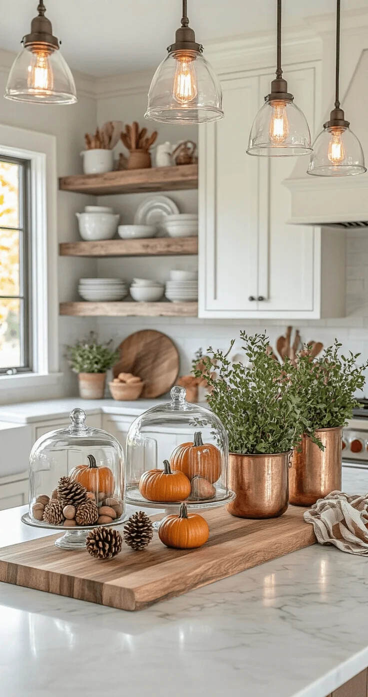 Kitchen island styled with fall decor and warm lighting