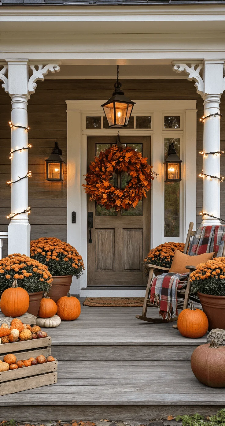 Autumn-themed front porch with layered textures and warm lighting