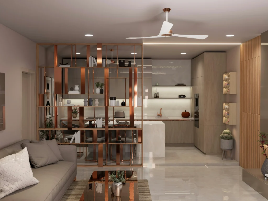 Open floor plan with rose-gold shelving divider