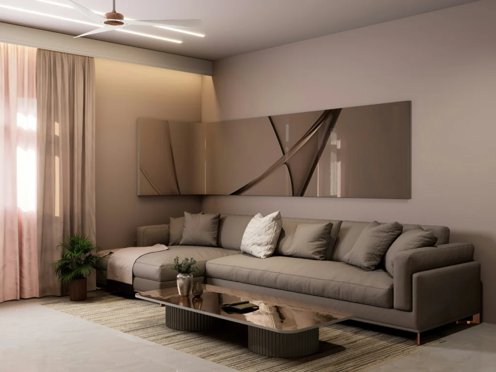 Minimalist living room with U-shaped sectional and abstract art
