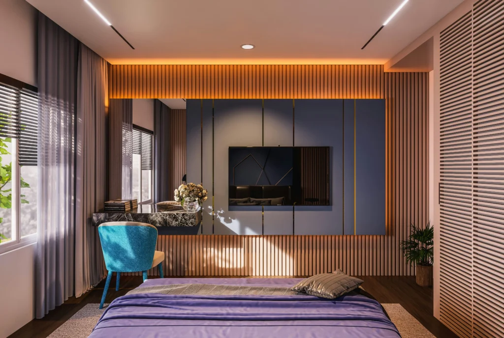 Bedroom with ribbed wood paneling and blue accent wall